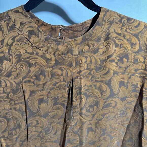 VTG 100% Silk Brown Gold Paisley Long Sleeve Maxi Dress Sz 10 Retro 80s Prairie - Picture 1 of 9